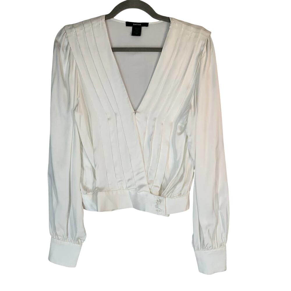 SMYTHE Women Pleated Crossover Blouse M Ivory Satin Viscose Top Balloon Sleeve - Picture 2 of 11